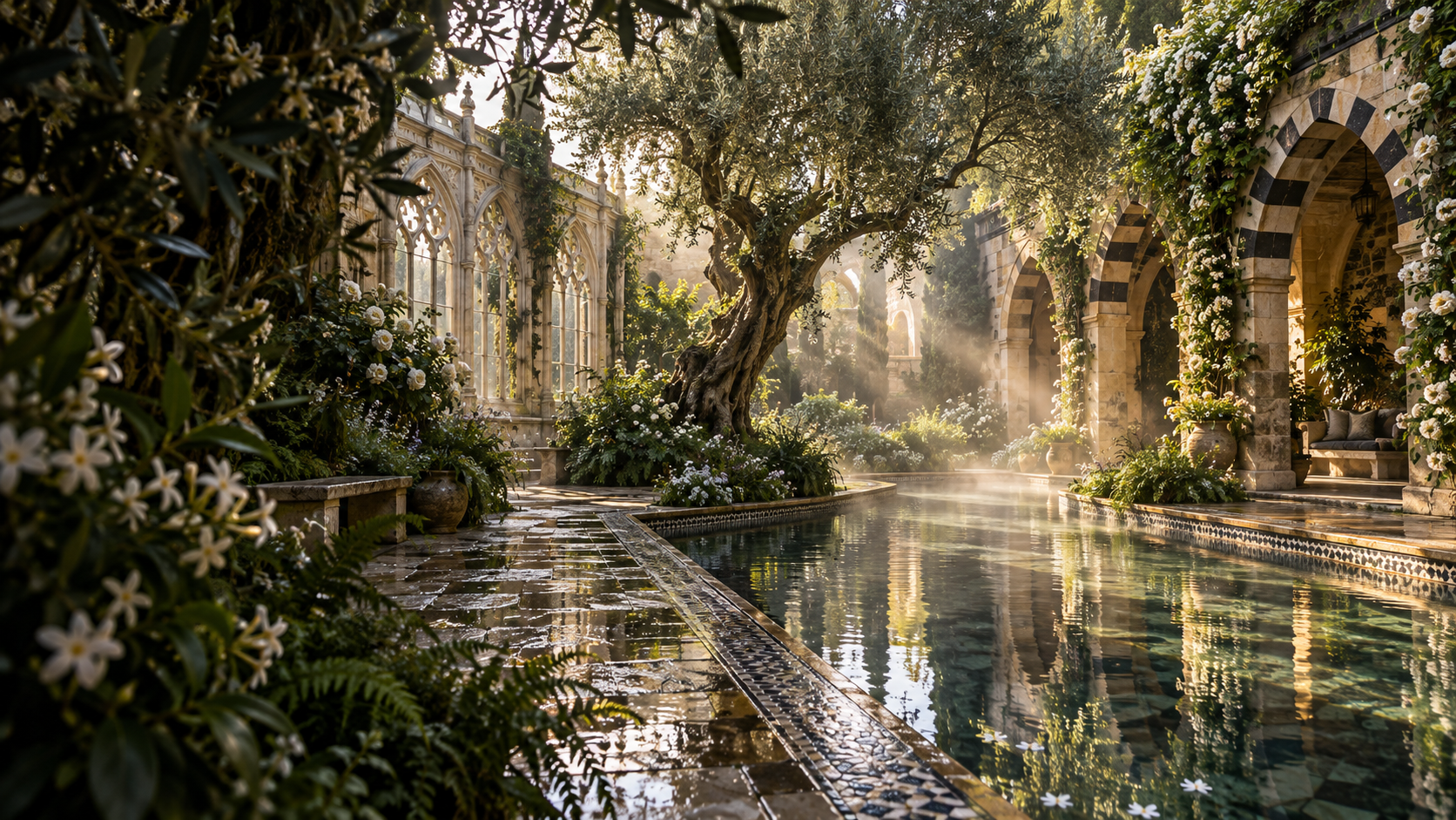 An imagined garden where Damascene arches and British stone tracery meet, with olive trees, jasmine, roses and a reflecting pool